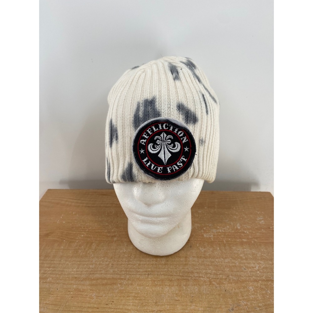 Affliction Live Fast Tie Dye Beanie Hat Mens Cream Gray Ribbed Knit Logo Patch